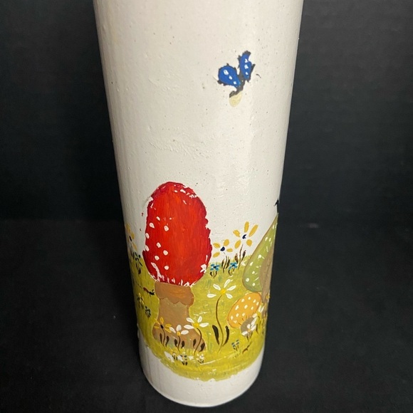Vtg Stoneware Pottery Bottle Hand Painted Mushrooms Flowers Butterfly Snail - Picture 3 of 7